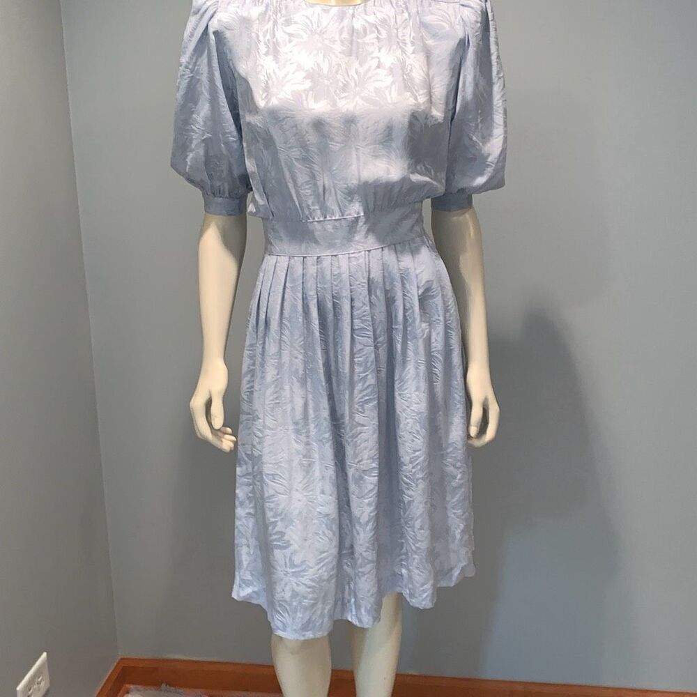 Vintage ARGENTI Women's 100% Silk Blue Jacquard Floral Pleated Puff Sleeve‎ Midi